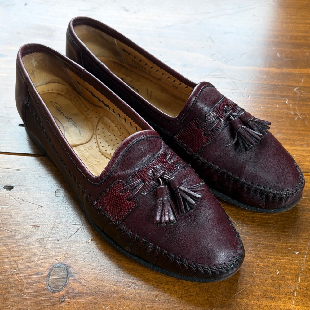 Santoni Mens 9.5 Oxblood Leather Slip On Tassel Boat Leather Dress Shoes